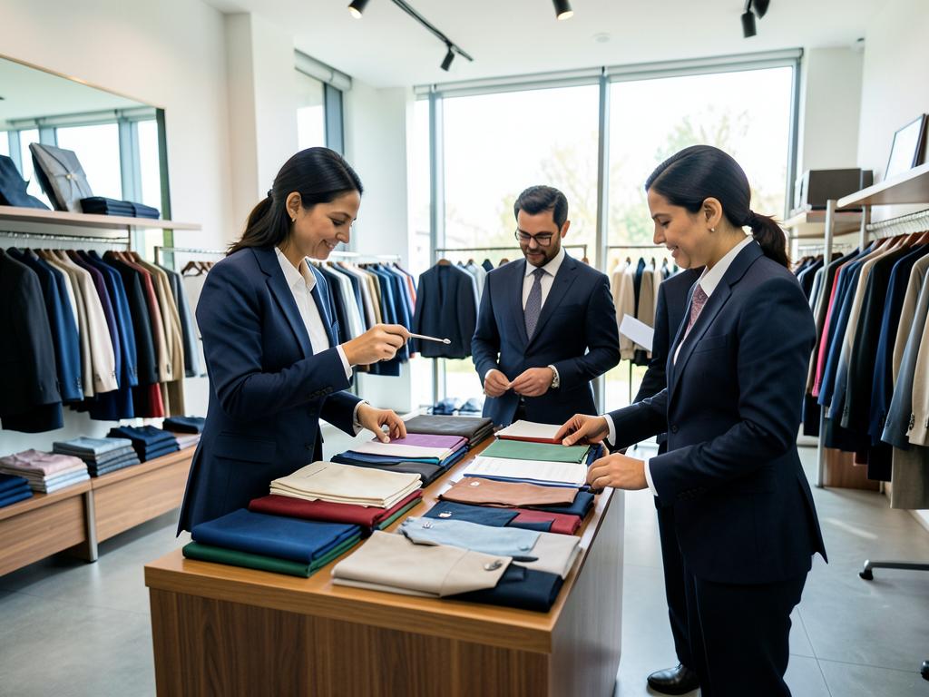 Apparel buying agent in Bangladesh reviewing garment samples with a buyer.