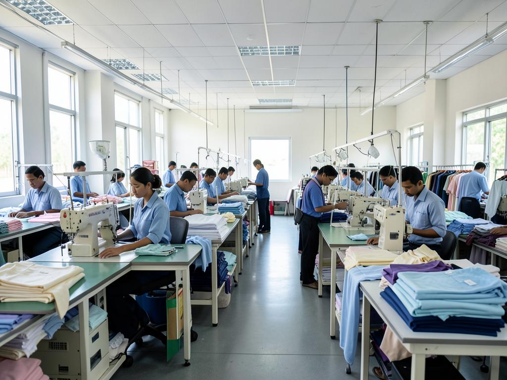 Garment manufacturing in Bangladesh showing an organized apparel production factory.